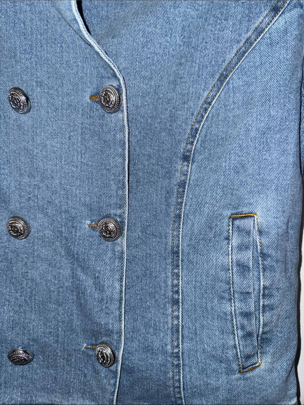 Boston Proper Light Blue Denim Double-Breasted Jean Jacket with Lace Cuffs - Picture 5 of 13